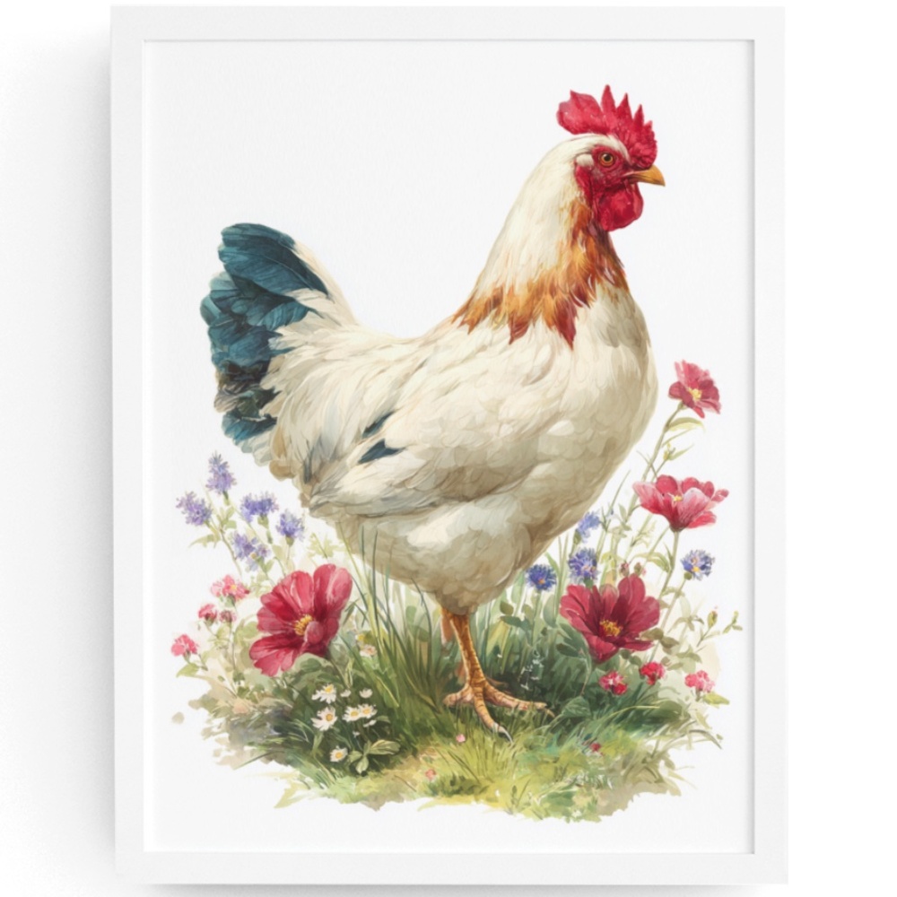 Watercolor Hen Chicken with Wildflowers Portrait Wall Art Print Unframed